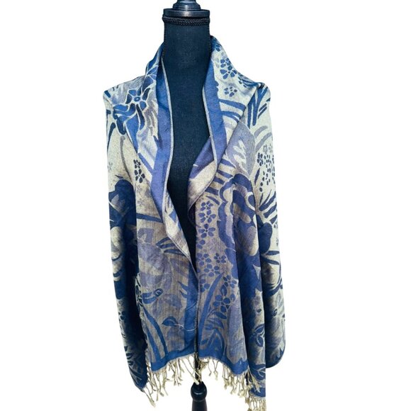 Floral Reversible Shawl/Wrap With Fringe Edges In Blue & Olive Green For Women - Picture 3 of 6